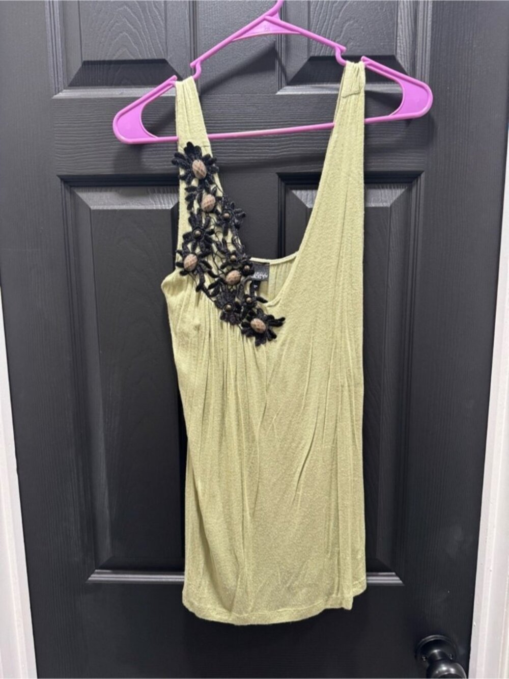 Daytrip Olive Green Top with Black Floral Applique and Taupe Buttons